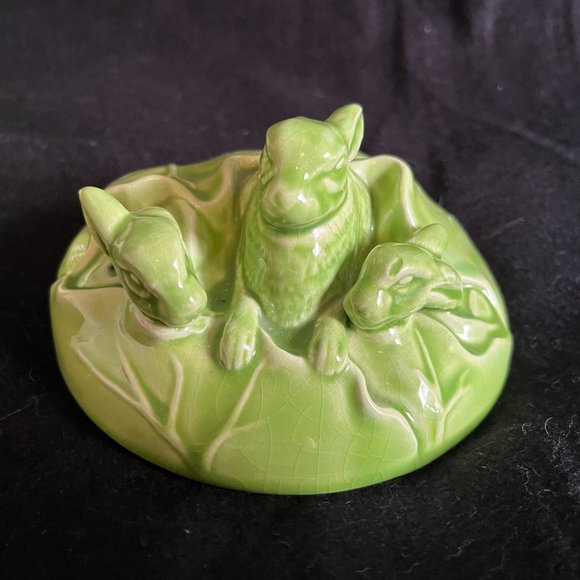 Vintage Holland Mold Co Chartreuse (Green)  “Bunnies In The Cabbage” Bowl w/Lid - Picture 7 of 9